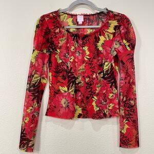 Axara Paris Red Floral Anime Girl Print Mesh Top Euro Streetwear Alt Emo Goth M